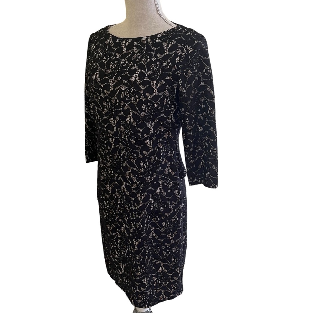 Tahari ASL Black Floral Lace with Cream Lining Tiered "Tracey" Sheath Dress - Picture 7 of 12